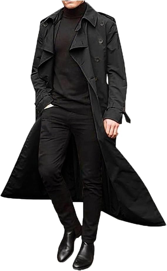 Mens Double Breasted Long Trench Coat Men's Trench Coat Long Lapel Jacket Fall Winter Casual Slim Fit Classic Stylish Business Overcoat