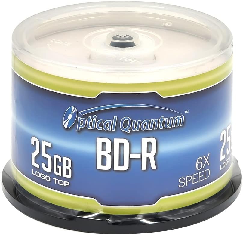 Optical Quantum OQBDR06LT-50 6X 25GB BD-R Single Layer Blu-Ray Recordable Blank Media Logo Top, 50-Disc Spindle