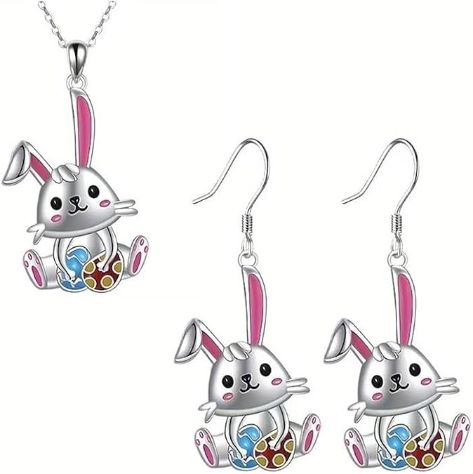 Caiyao Cute Rabbit Pendant Necklace Earrings Animal Bunny Necklace Jewelry for Women Easter Birthday Gifts