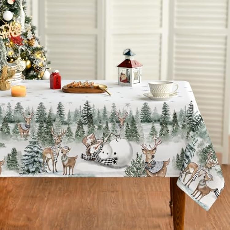 Horaldaily Christmas Tablecloth 6084 Inch Rectangular, Deers Snowman Trees White Washable Table Cover for Party Picnic Dinner Decor