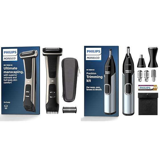 Philips Norelco Exclusive Bodygroom Series 7000 Showerproof Body & Manscaping Trimmer & Shaver, BG7040/42 + Philips Norelco Nose Trimmer 5000 for Nose, Ears, Eyebrows Trimming Kit, NT5600/42