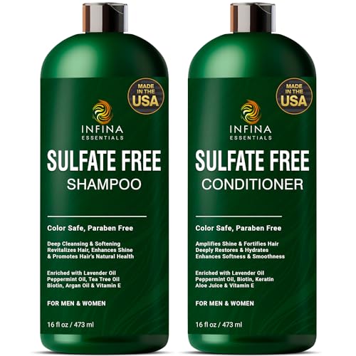 Sulfate Free Shampoo and Conditioner Set For Curly Hair,Color Safe -All Hair Types- Argan and Peppermint Oil Restores Shine Reduces Frizz - Men Women, 16 fl oz Each