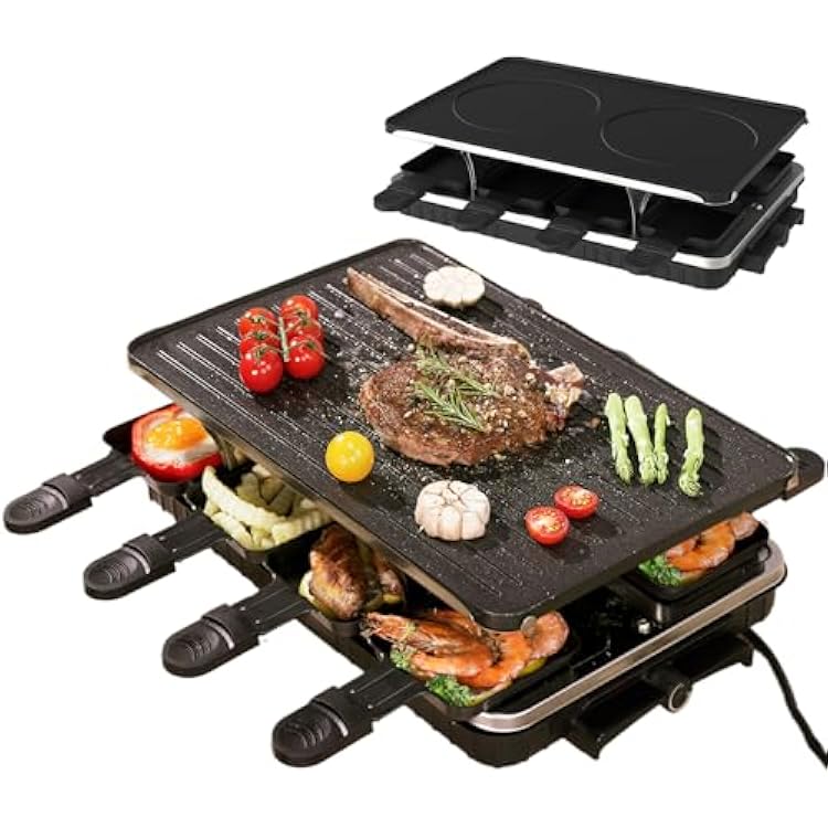 Electric Lndoor Smokeless Grill, 2 in 1 with 8 Raclette Cheese Pans Grills Indoor Combo BBQ for Kitchen & Non-Stick Cooking Removable Plate, Temperature Control, 1500W Searing Grill