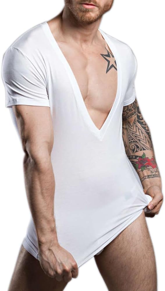 Men's Modal Deep V Neck Short Sleeve Tee Low Cut Slim Fit Stretch T Shirt