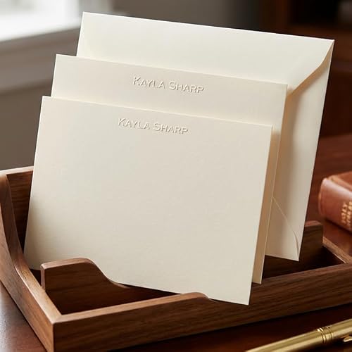 Personalized Embossed Flat Note Cards Set Custom Blind Embossed Stationery with Envelopes Premium Embossed Correspondence & Thank You Cards Made in USA - 100 Pieces 2 Paper Sizes