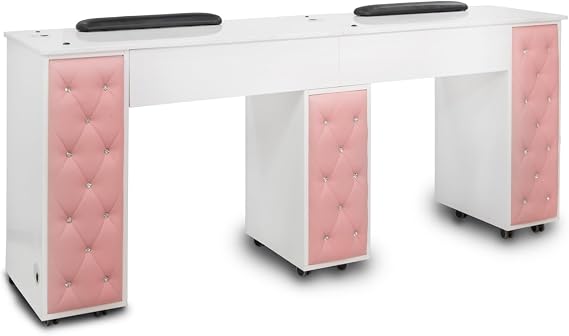 MAYAKOBA Drexel Manicure Table (Double) Tufted Side Panel Nail Desk with Marble Top, Modern Pink Diamond