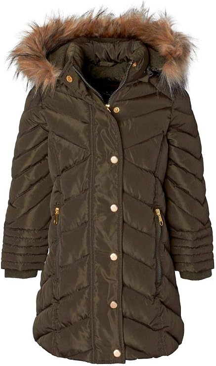 Sportoli Girls' Long Fleece Lined Heavy Quilt Puffer Coat with Deteachable Fur Trimmed Hood - Olive 7/8