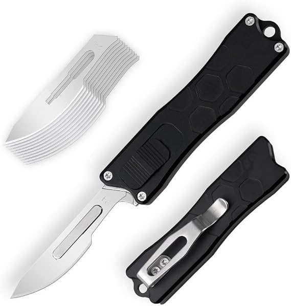 XXOK Utility knife with clip retractable box cutter EDC knife with 10 razors small folding utility knives with sharp carbon steel replacement blade # 24 Black