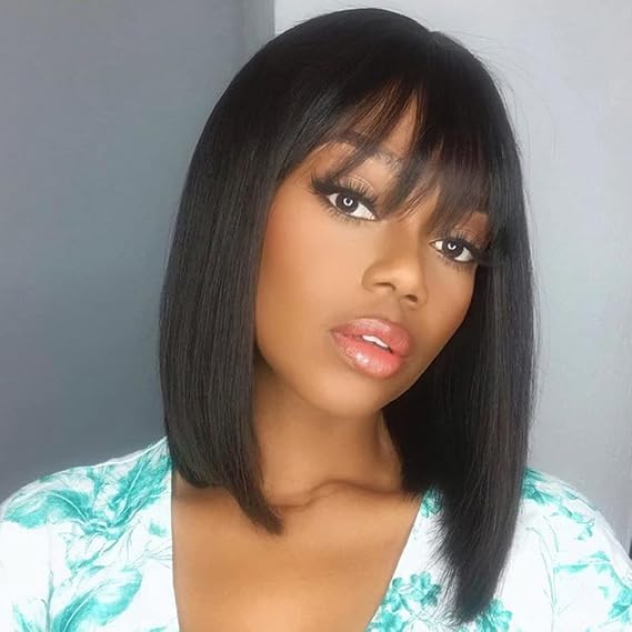 12 inch Women's Short and Straight Bob Wig with Bangs Cheap Wigs (Black)