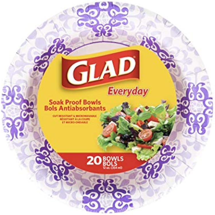 Glad Round Disposable Paper Bowls, Purple Victorian Design - Heavy Duty, Soak Proof, Cut-Resistant, Microwavable Bowl for All Foods & Daily Use, 12 Oz, 20 Count