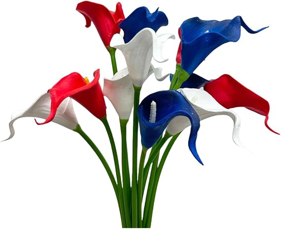12pcs Calla Lily Flowers Artificial,Single PU Real Touch Red, White & Blue