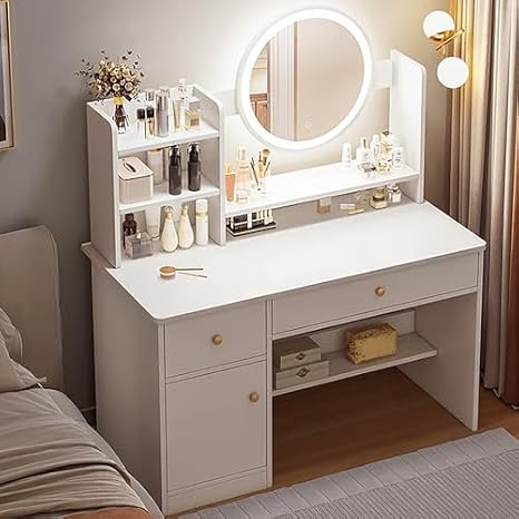 Dressing Table Vantity Table with Flip-top Mirror and Rolling Stool LED Lights Integrated Makeup,Vanity Desk with Mirror & Smart Lighting, Makeup Dressing Table Set for Bedroom, Stylish Cons