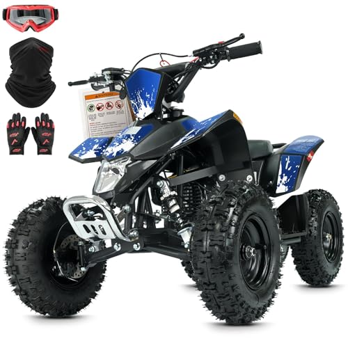 FRP Sahara 40 Kids Mini ATV, NEW 40 CC 4-Stroke 4 Wheeler with Gloves, Goggle and Neck Gaiter, Speed Control Kill Switch Weight Support Up to 143 LBS BLUE-M