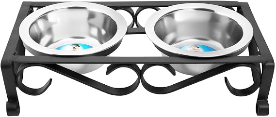 Wrought Iron Elevated Feeder with Two Stainless Steel Bowls for Dogs and Cats, Raised Bowls for pet, Heavy Duty Stainless Steel Bowls with Iron Stand (Small)