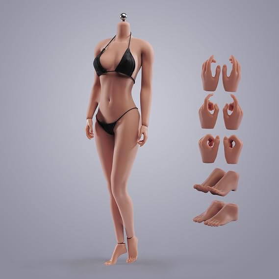 1/6 Scale Female Action Figure Body, 12 inches Seamless Flexible Large Bust Soft Female Figure Body Doll Model with Detachable 3 Pairs of Hands Gesture & 2 Pairs of Feet Shapes (Copper Skin)