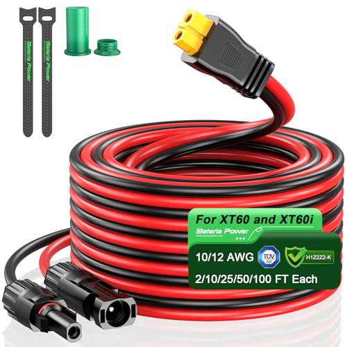 Bateria Power Solar to XT60 Charge Extension Cable with Solar Connectors Caps, Combined Wire Solar Connector to XT60 Adapter Cable for Solar Panel to Battery RV Power Station Generator 12AWG 2FT