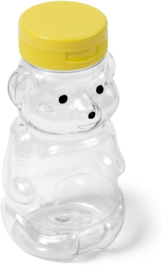 8 oz (5.5 fl oz) Clear PET Honey Bear Bottle - 38-400 Neck with Yellow Flip Caps
