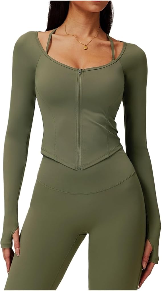 Zipper Long Sleeve Workout Top Jacket Active Wear Sports Shirt Elastic Fitness Yoga Clothing for Gym, Yoga, Jogging(Green,XL)