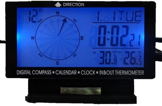 Digital Car Thermometer Black with Blue Backlight Compass Clock with Large LCD 3.9inch