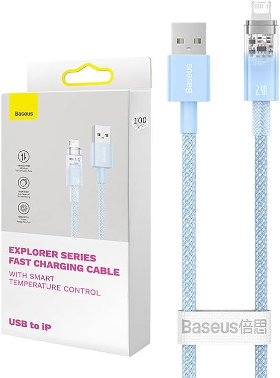 Baseus Explorer Serisi Hızlı Şarj Kablosu Akıllı Sıcaklık Kontrolü USB to iP 2.4A, 2m, Mavi