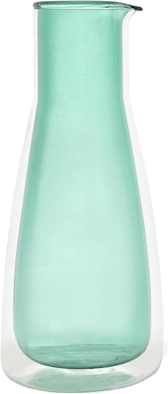 Cloudnola Double Wall Insulated Carafe, Green, 34oz For Both Hot and Cold Beverages, Handblown Borosilicate Glass Pitcher