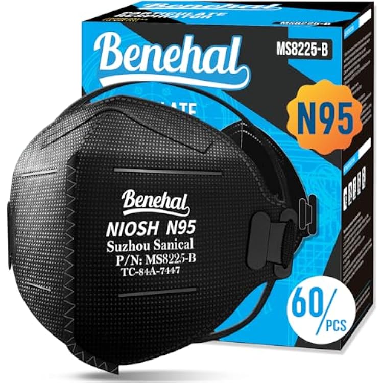 benehal NIOSH Approved N95 Mask Particulate Respirators, Pack of 60 N95 Face Masks, Individually Wrapped,Black