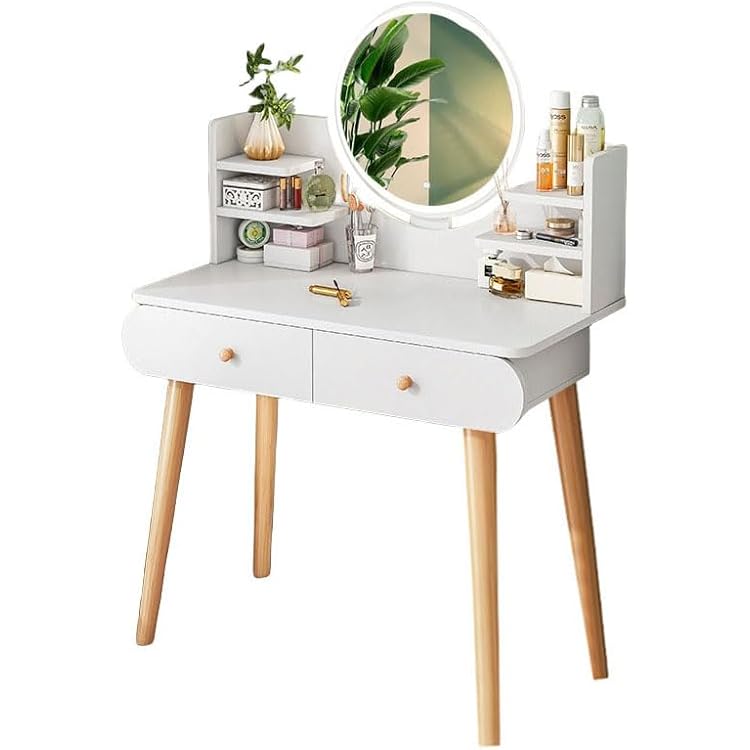 Bedroom Vanity Dressing Table with Smart Touch Light Mirror, Simple Dresser Table and Bedside Table Integrated vanities Desk Storage Cabinet with Drawers with Multi-Layer Storage Shelves