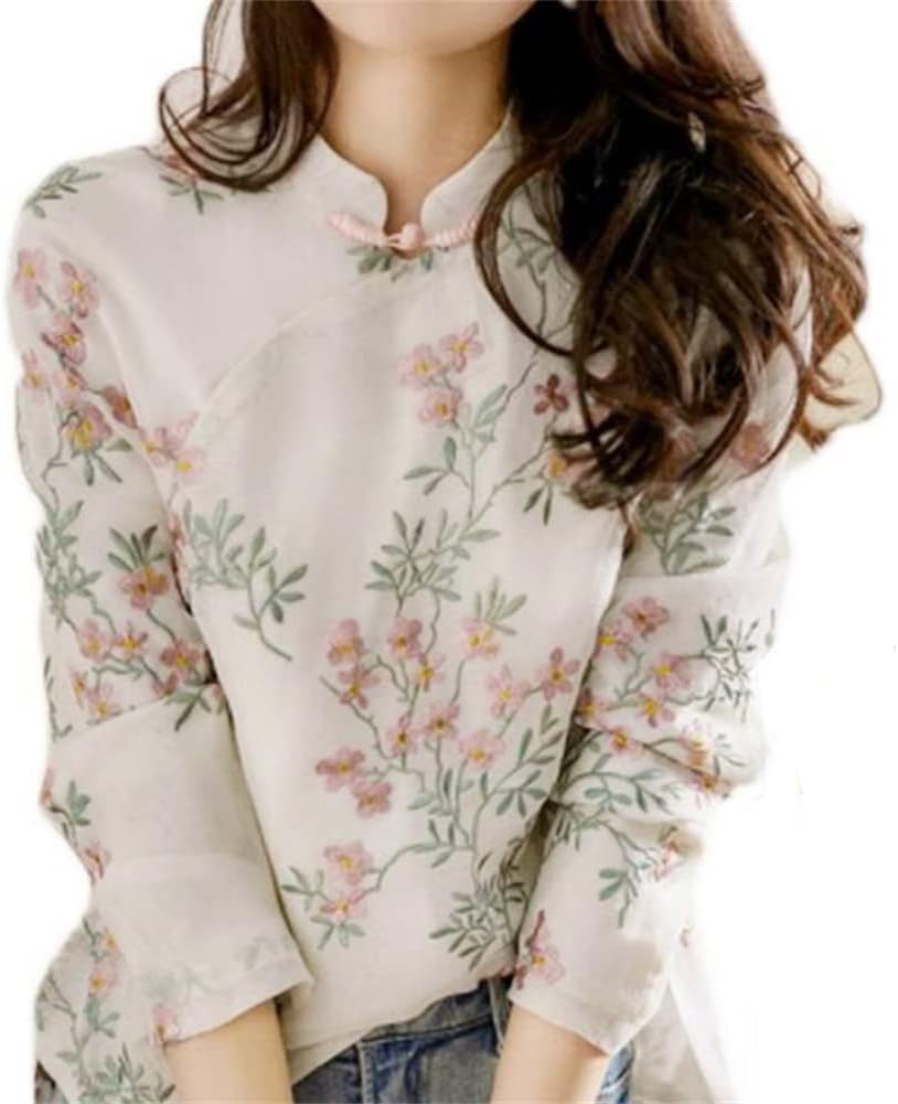 Womens Blouse, China Style, Long Sleeve, Linen Blouse, China Top, Allover Pattern, Floral Print, Shirt, Pullover, Cotton Linen Blend, Linen Blend, Stand Collar, China Button, Loose, China, Casual, Thin, L