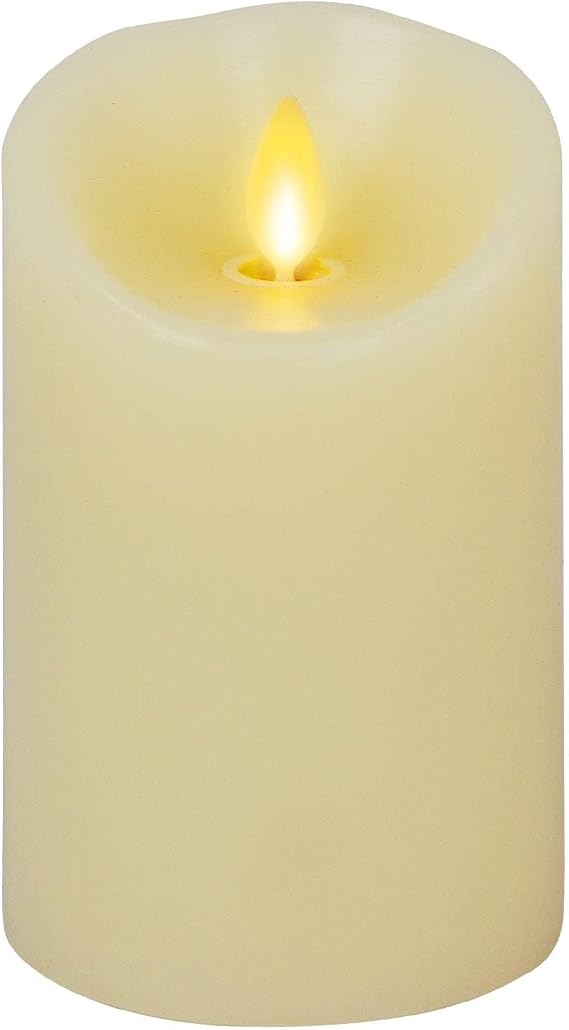 Luminara Realistic Moving Flame LED Candle Scalloped Edge Smooth Finish Real Wax Pillar, Vanilla Honey Scented, Timer - Ivory (3" x 4.5")