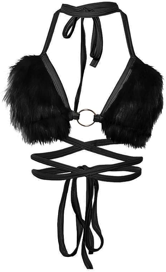 Women's Rave Furry Bra Top Strappy Halter Triangle Bralette Cami Tanks Festival Party Dance Hot Clubwear