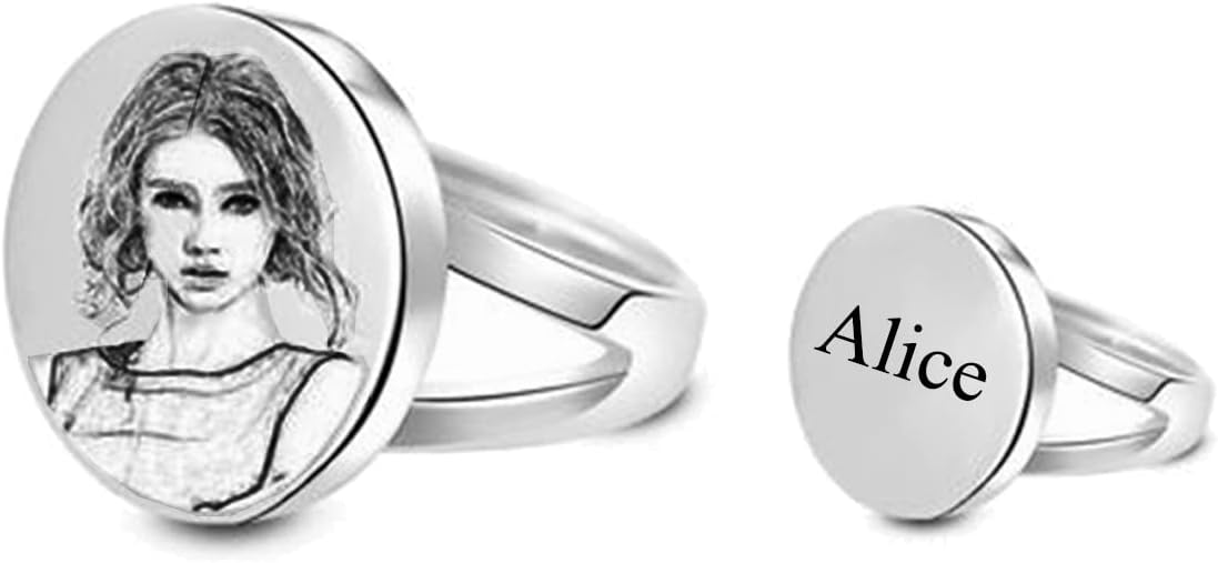 LONAGO 925 Sterling Silver Personalized Ring Custom Photo Name Ring Pet Dog Cat Person Picture Stacking Ring, Size 7