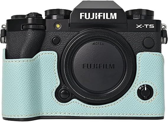 X-T5 Case, BMAOLLONGB Handmade PU Leather Half Camera Case Bag Cover Bottom Opening Version for Fujifilm X-T5 XT5 with Hand Strap (Blue)