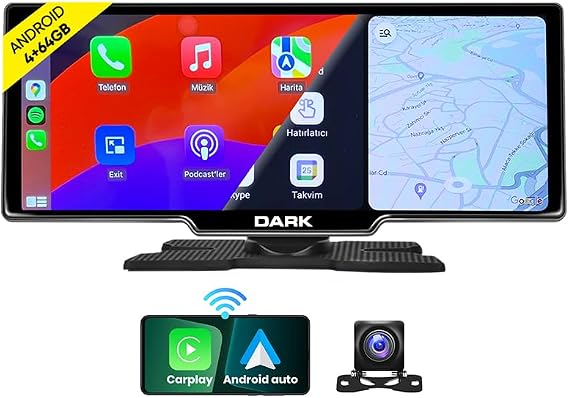 Dark 10.26" IPS Full Android, Google Play Store, Wireless CarPlay & Android Auto, GPS, Portable Torpedo Mounted Car Multimedia Display with Rear Camera (DK-VA-CMP1000)
