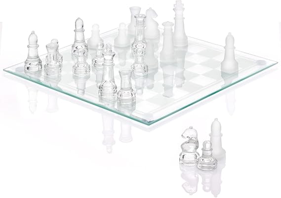 Fine Glass Chess Set, (12 Inch) Modern Clear Chess Board Set with Solid Clear & Frosted Glass Chess Pieces | Crystal Chess Board Set, Felt Padding Included