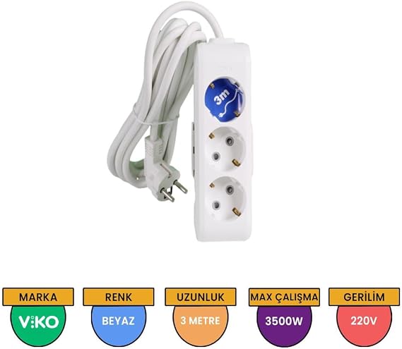 Viko Multi-Let 3lü Topraklı Kablolu Ç.K 3mt Priz, Beyaz