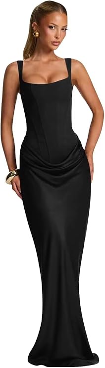Tianzhihe Satin Prom Dresses for Women 2026 Long Mermaid Pleated Square Neck Spaghetti Straps Corset Formal Evening Dress