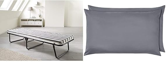 JAY-BE Value Folding Bed with Breathable Airflow Mattress, Fabric, Black, Single & Amazon Basics Microfibre Pillowcases, Dark Grey – Set of Two