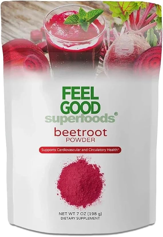 FeelGood Superfoods Fortified Organic Beetroot Powder - Nitric Oxide Booster for Cooking and Smoothies - Pure Beets with 10:1 Beet Root Extract - Supports Cardiovascular and Circulatory Health - 7 oz