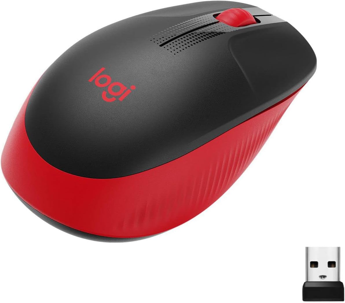 Logitech M190 wireless mouse, curved design for two-handed use, 18 months battery life plus power saving mode, USB receiver, precise control thanks to wide wheels and keys - red