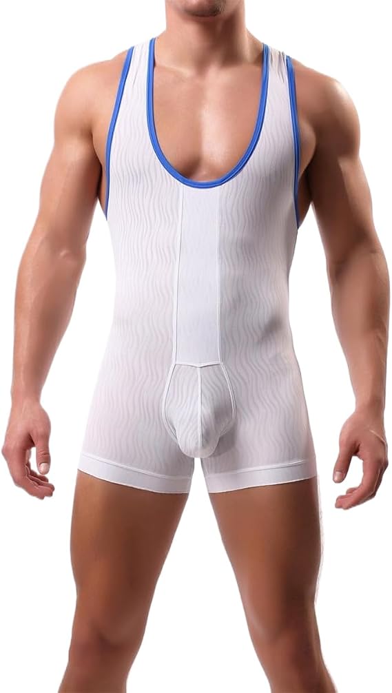 Gogobear Mens Wrestling Singlets One Piece Striped Waistband Bodysuit Jumpsuit Leotard Athletic Supporters Boxer Shapewear