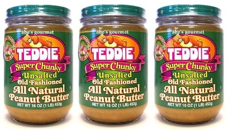Teddie All Natural Peanut Butter, 26 Ounce 3 Pack, Gluten Free & Vegan, 16 Ounce Plastic Jar (Super Chunky Unsalted, Pack of 3)