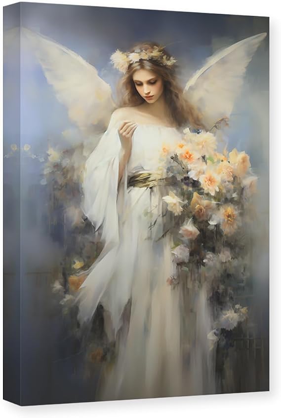 CXHOSTENT Angel Canvas Wall Art - White Angel Wings Pictures, Abstract Girl Floral Painting Print, Modern Artwork Decor, Frame (30.00 x 45.00 cms)