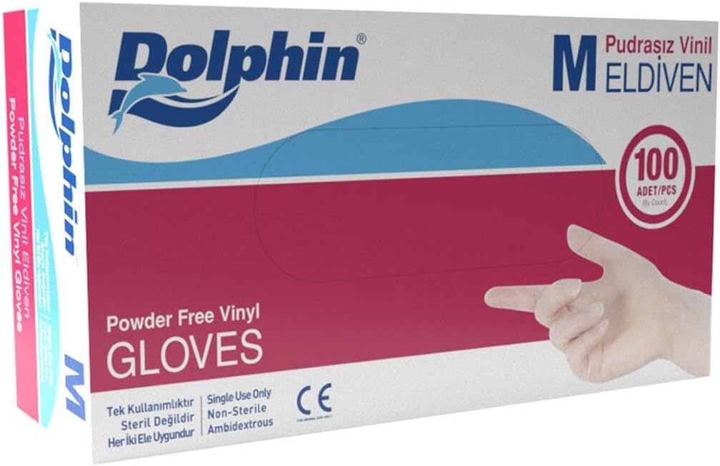Dolphin Pudrasız Vinil Eldiven, Medium Beden, Şeffaf, 100'lü Paket