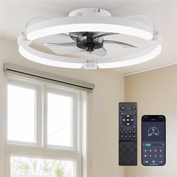 Ensenior Ceiling Fans with Lights and Remote, 50cm Flush Mount, 6 Speed & 3000K-6500K Stepless Dimmable Quiet Modern LED Fan Lights Ceiling for Bedroom Living Room Dining Room - White [Energy Class E]