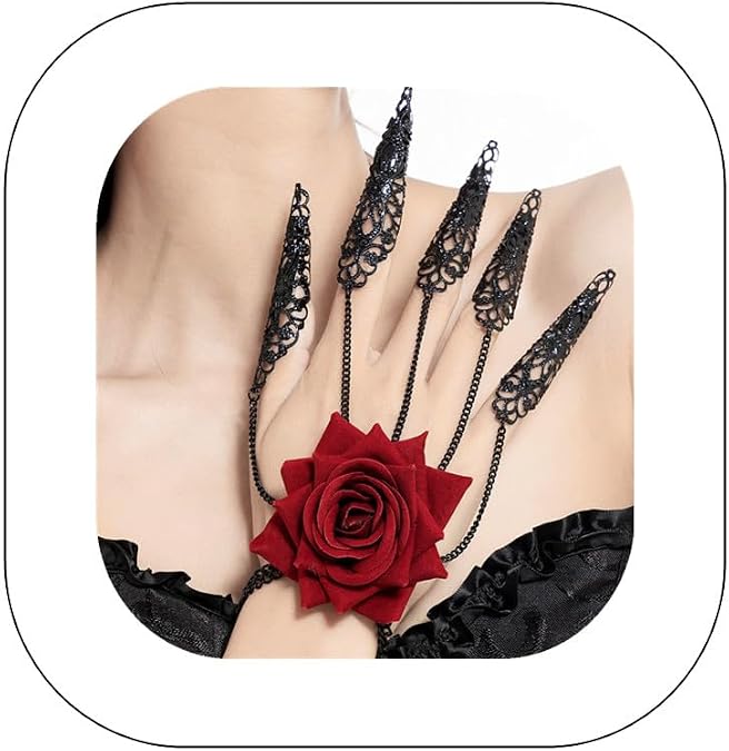 Gothic Finger Nail Tip Claw Bracelet Hollow Floral Link Chain Slave Bracelet Black Rose Flower Bracelet for Women Halloween Hand Harness Jewelry
