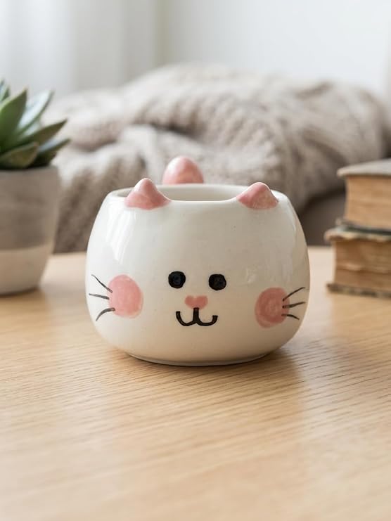 Sevimli Kedi Kupa 3D Kabartmalı El Yapımı Krem Parlak Kupa - El İşçiliği 3D Hediyelik Kupa