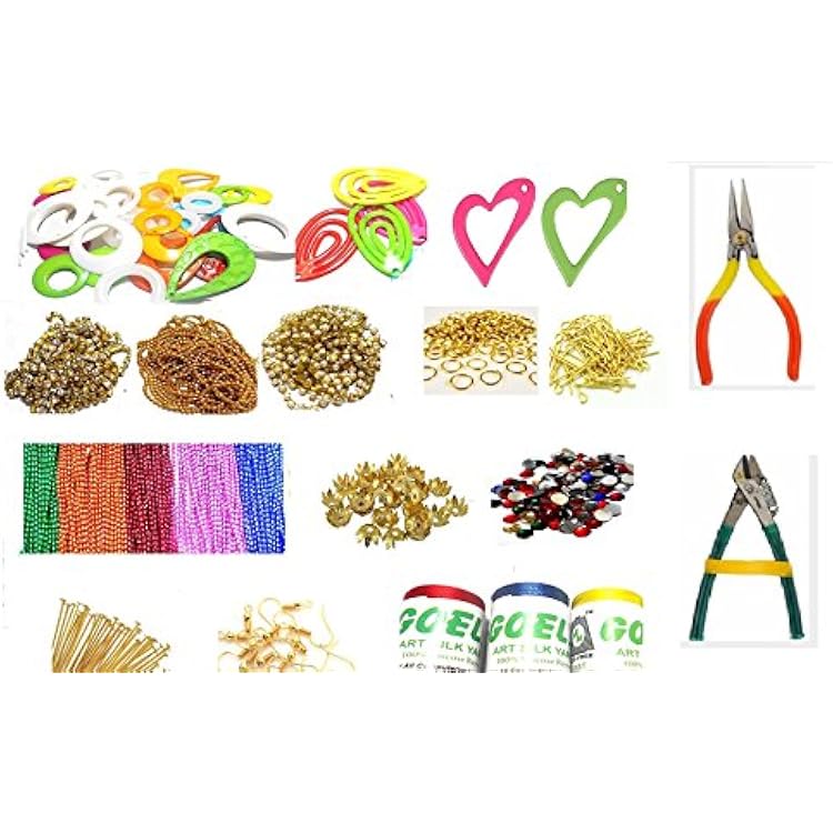 GOELX Silk Thread Jewellery Making Kit- Includes Tools,Chains,Silk Thread, Bead Caps, Jhumka Base,Chains Findings