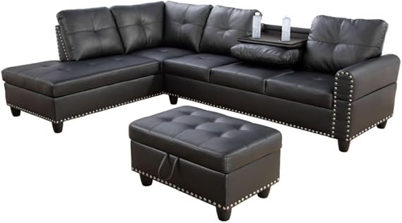 L-Shaped 3-Piece Faux Leather Sofa with Ottoman, Sectional Couch Set for Living Room, Office, Apartment, with Cup Holder, Black