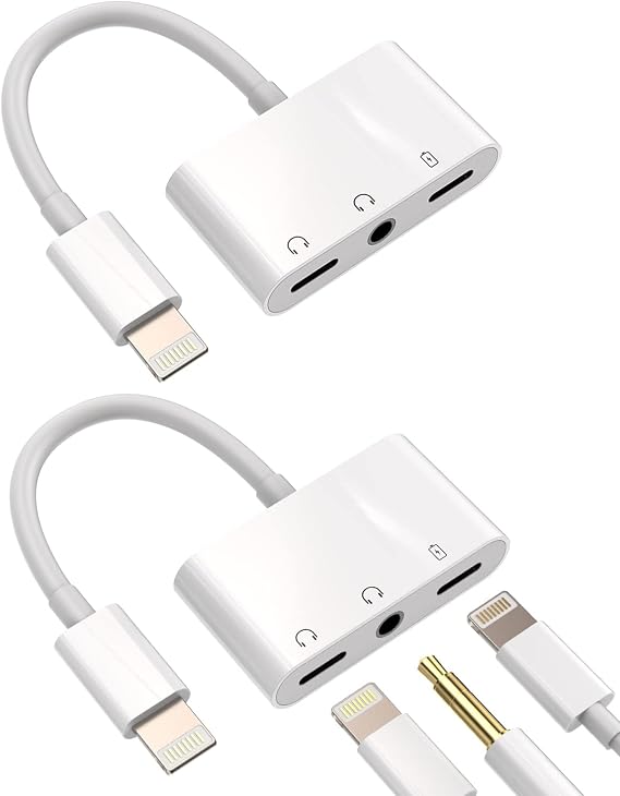 Iphone Aux Splitter 3in1(2Pack)Dual Lightning to 3.5mm Headphone Jack Adapter Cable Dongle Charger Cord Audio Adaptador Para for 13 12 14 Pro Max X 7 8 Plus Ipad Music Earbud Charging Converter