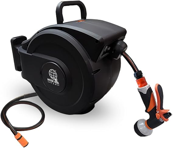Retractable Garden Hose Reel - Black Case/Black Hose, 15m Wall-Mounted Garden Hose with Automatic Rewind, 8-Function Spray Nozzle, 150° Swivel Bracket, Heavy-Duty Leak-Proof Design